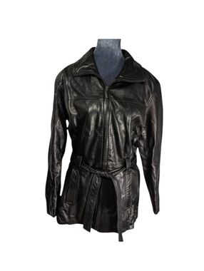Nine West Belted Black Leather Coat Jacket Size Small